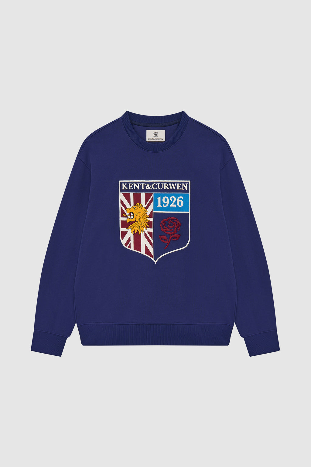 Blue sweatshirt with a crest design