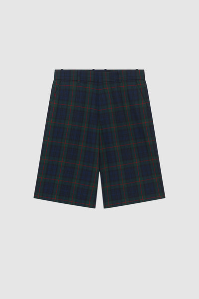 School-style Bermuda shorts with all-over tartan pattern and logo patch at 